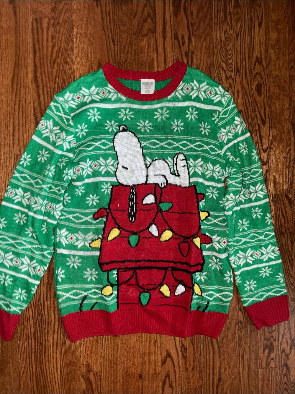 Peanuts Green Crewneck Sweater with Red & White Holiday Graphic